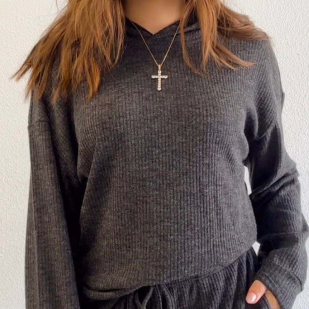 Ribbed Hoodie Pullover Black