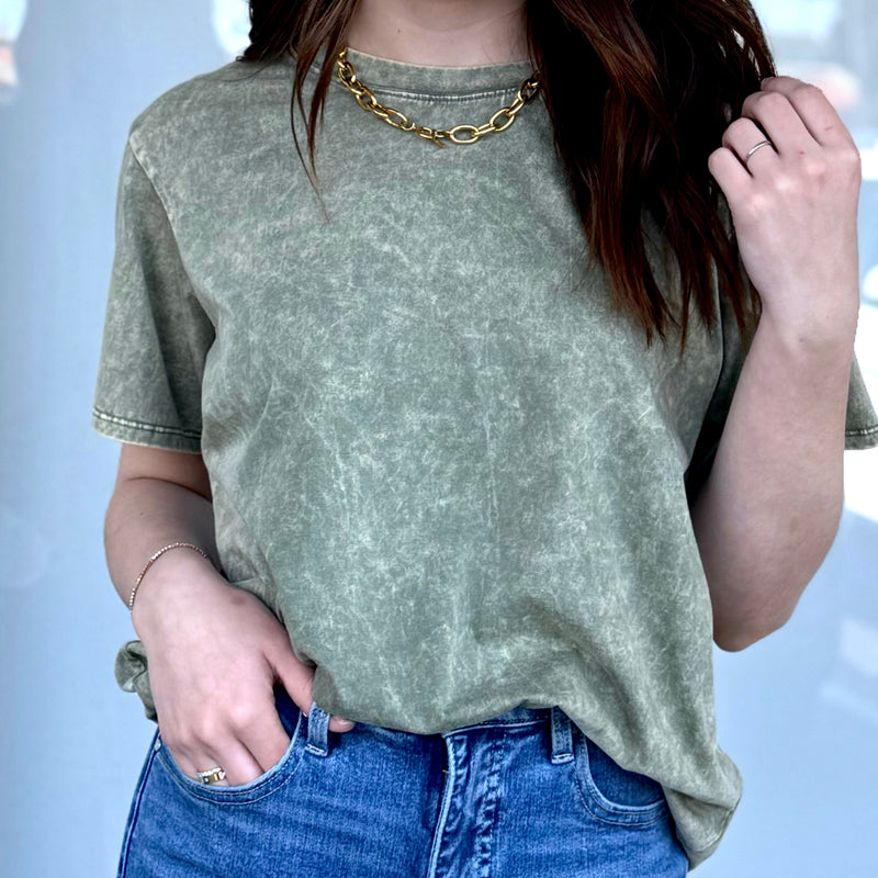 On The Way Acid Washed Basic Tee Olive