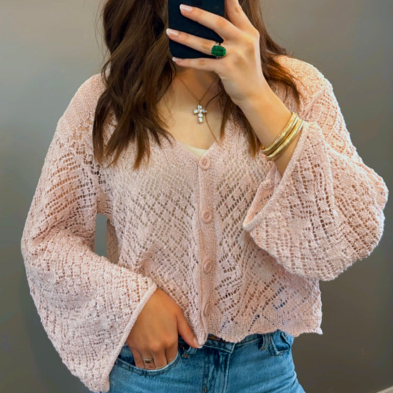 First Look Crochet Long Sleeve Top Pink