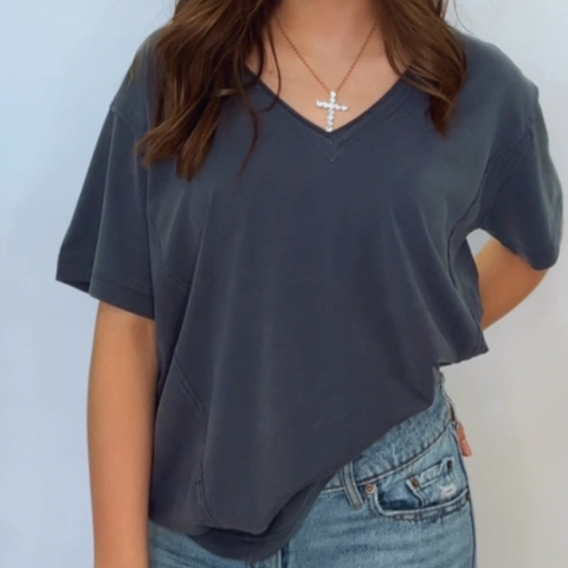 Navy Washed Raw Edge V Neck Short Sleeve Tee