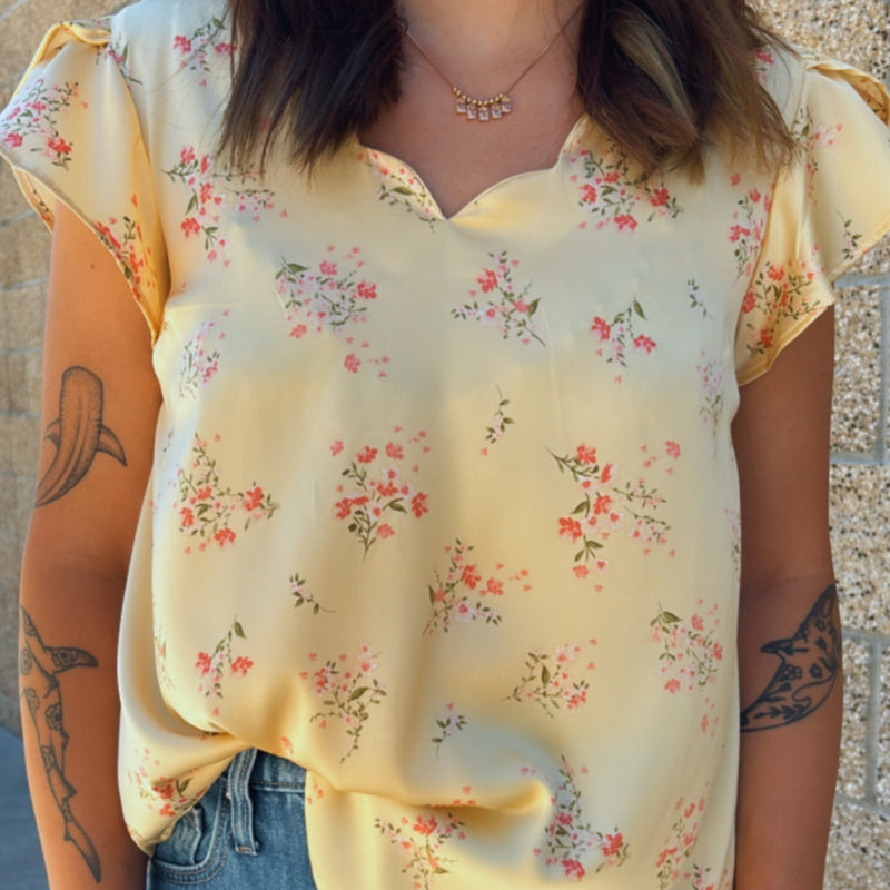 Floral Lights Scallop V Neck Satin Floral Short Sleeve Top