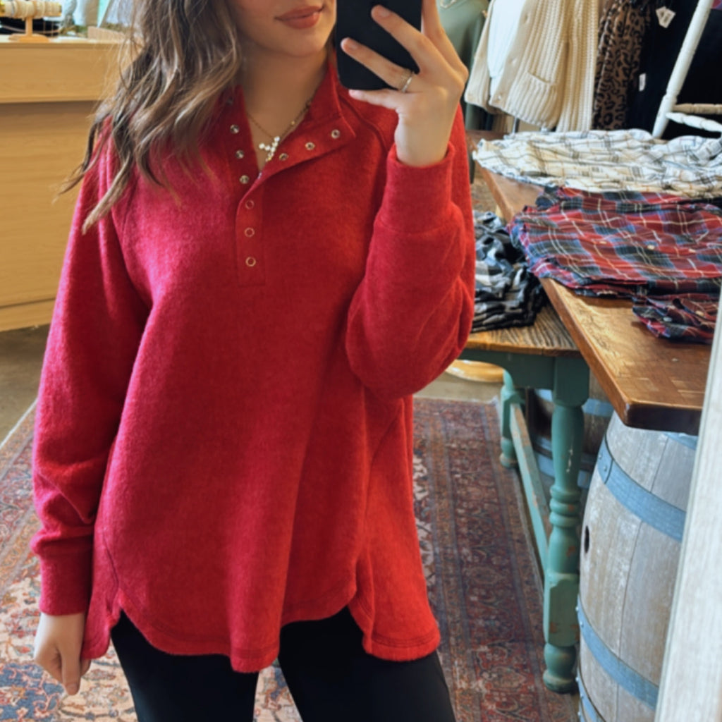 Diannah Brushed Knit Relaxed Henley Red