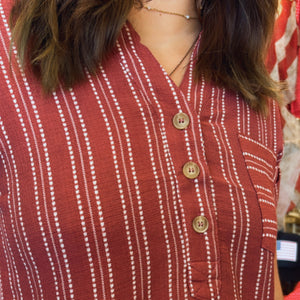 Enough For Me Stipe Half Button Down Top Burgundy