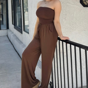 Hadley Smocked Jumpsuit With Pockets Brown