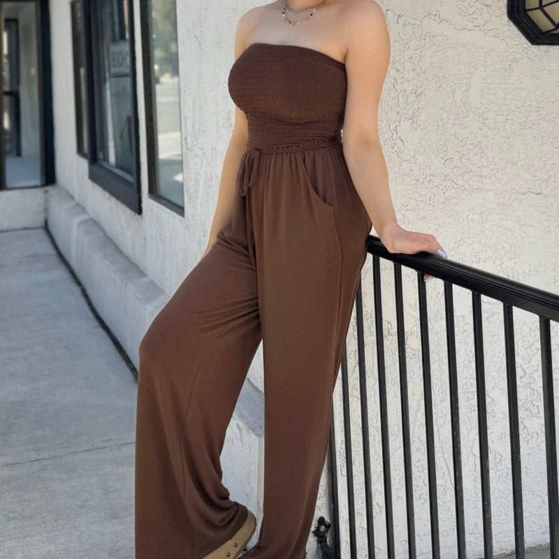 Hadley Smocked Jumpsuit With Pockets Brown