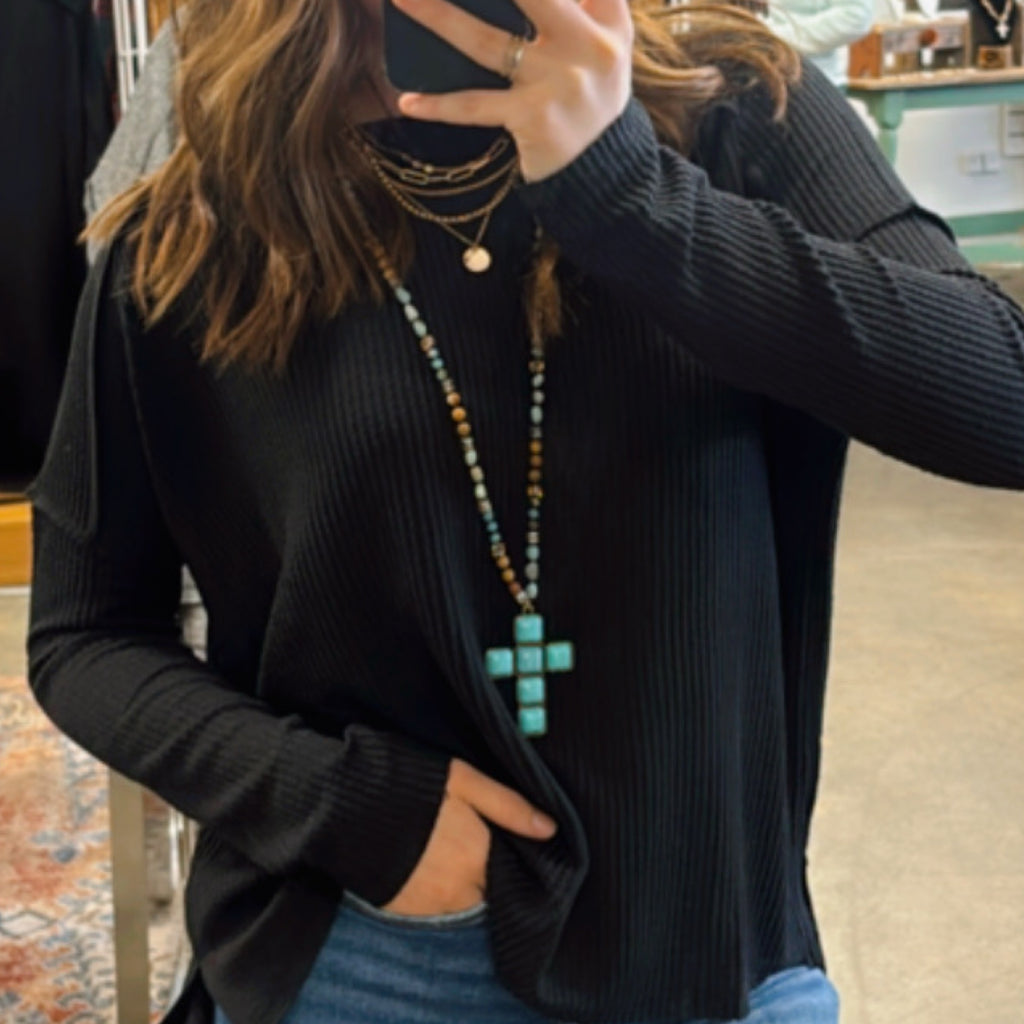 Ribbed Knit Round Neck Long Sleeve Top Black