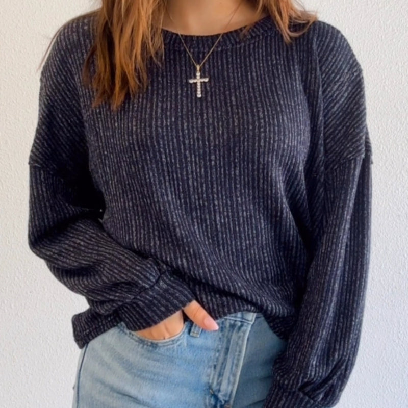 Kinna Long Sleeve Ribbed Knit Top Navy