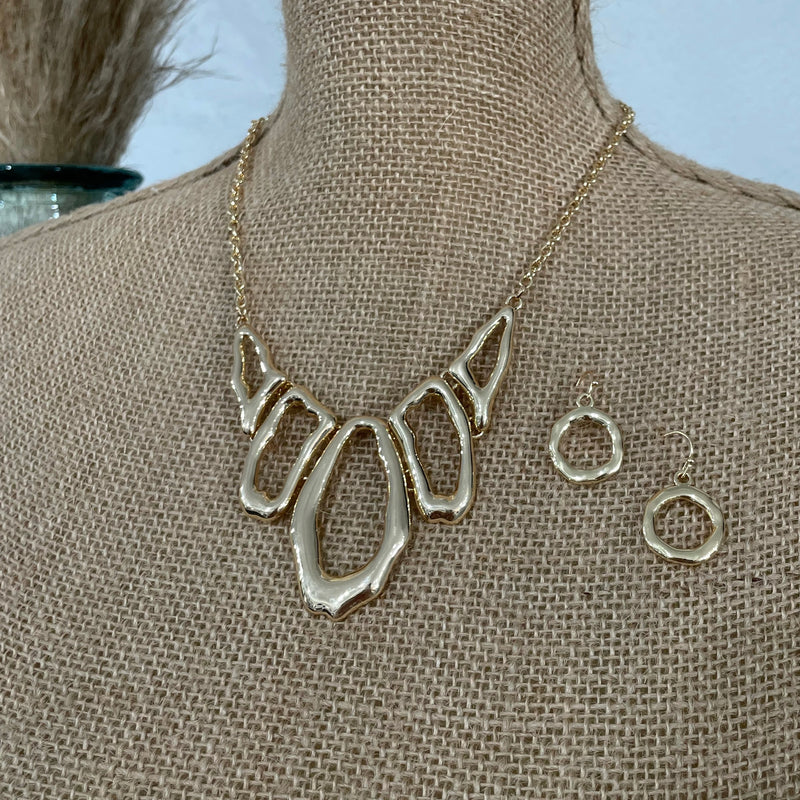 Gold Melted Oval Statement Necklace and Earring Set