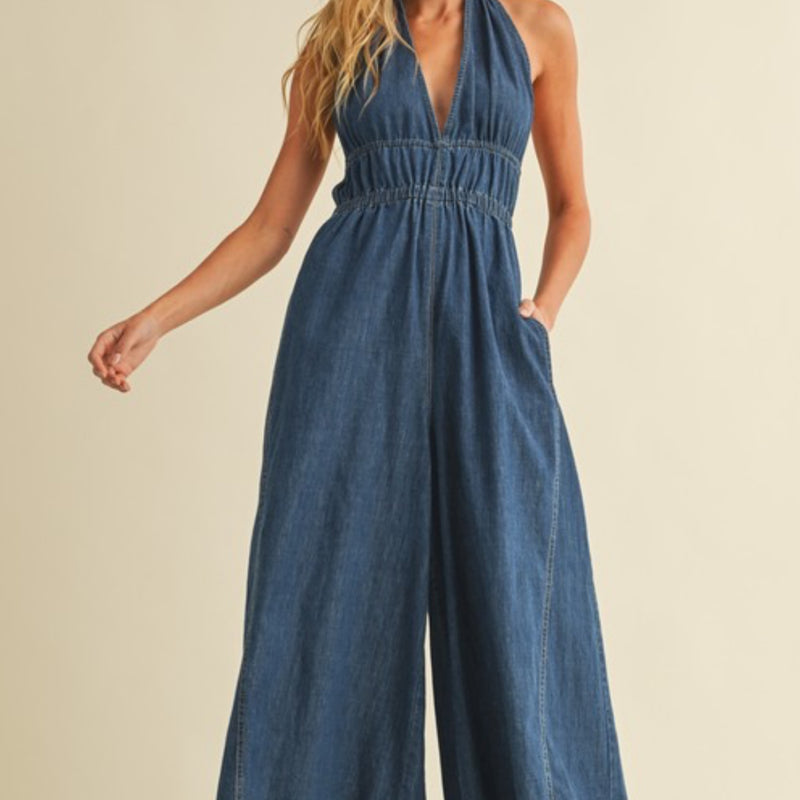 All Yours Halter Neck Denim Jumpsuit