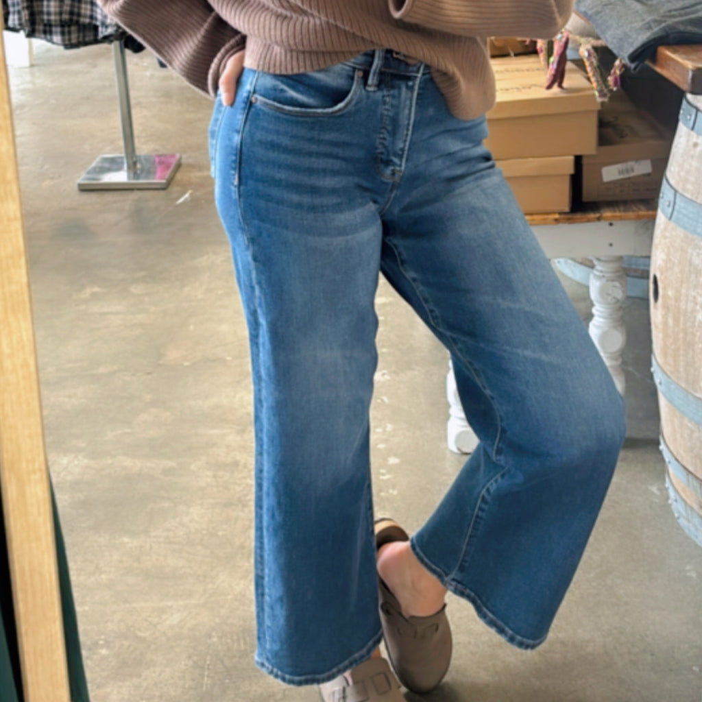 Risen Tummy Control Elastic Band Mid Rise Crop Wide Dark Wash