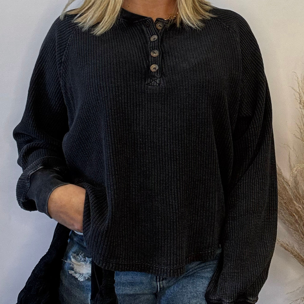 Kalani Waffle Knit Button Collar Vintage Wash Top Black
