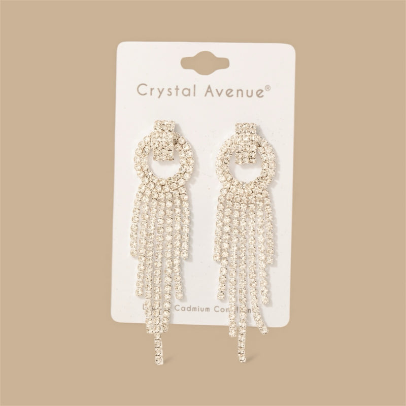 Rhinestone Pave Tassel Dangle Earrings Silver