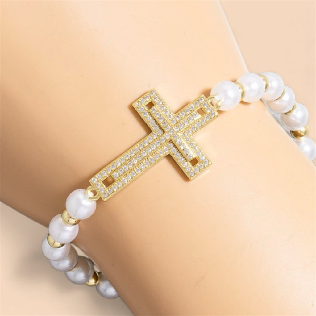 Gold Dipped CZ Cross Pearl Beads Bracelet