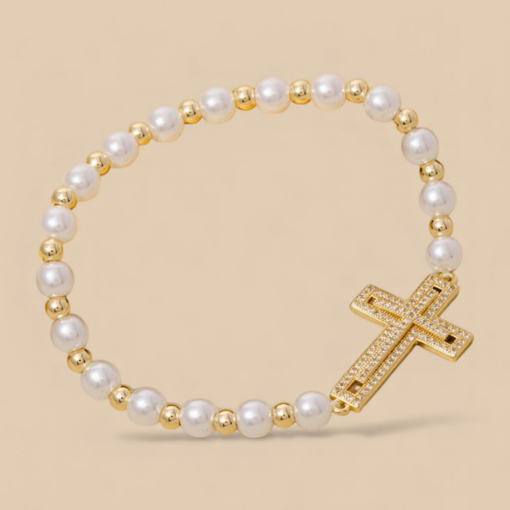 Gold Dipped CZ Cross Pearl Beads Bracelet