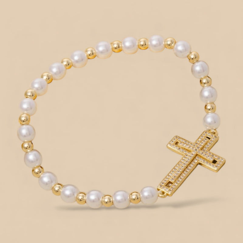 Gold Dipped CZ Cross Pearl Beads Bracelet