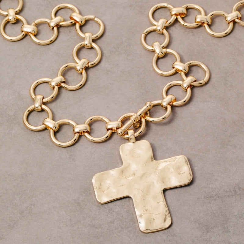 Hammered  Cross Pendant Toggle Chain Necklace