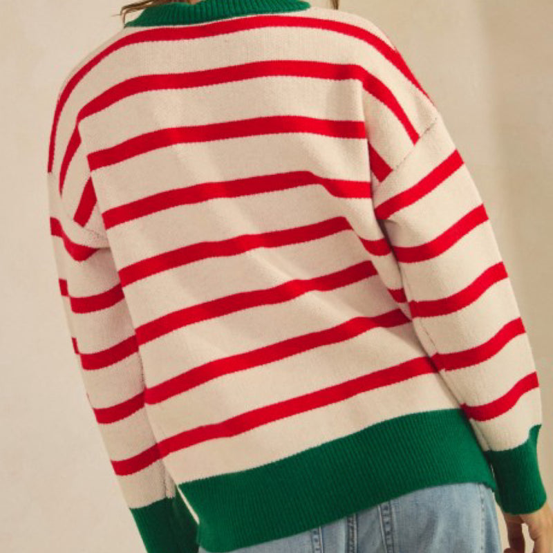 Santa’s Coming Striped Crew Neck Sweater
