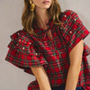 Holiday Cheer Pearls Ruffled Sleeves Plaid Top