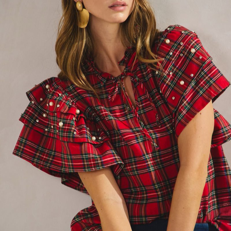 Holiday Cheer Pearls Ruffled Sleeves Plaid Top