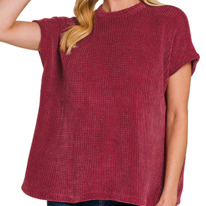 Holiday Hour Chenille Waffle Knit Top Burgundy
