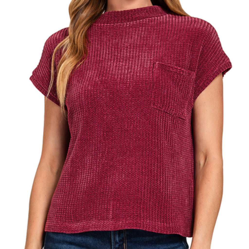 You & Me Chenille Waffle Knit Top Burgundy