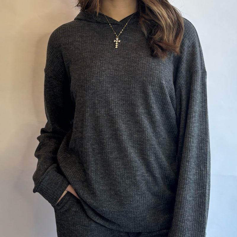 Ribbed Hoodie Pullover Black