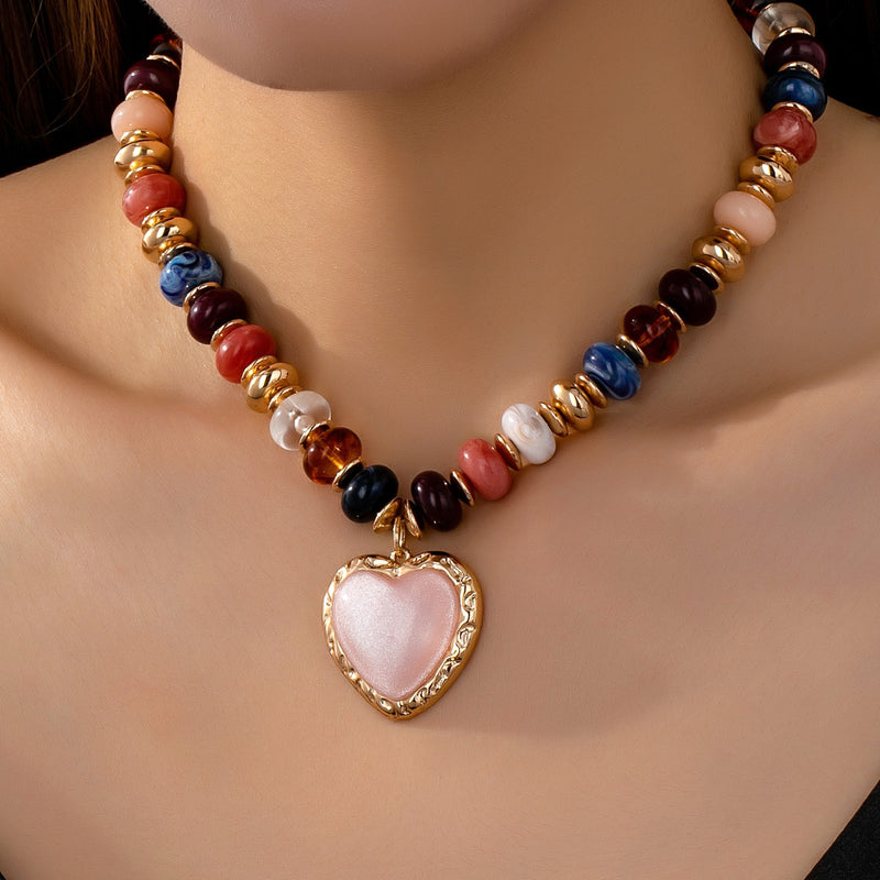 Heart Chunky Beaded Charm Necklace