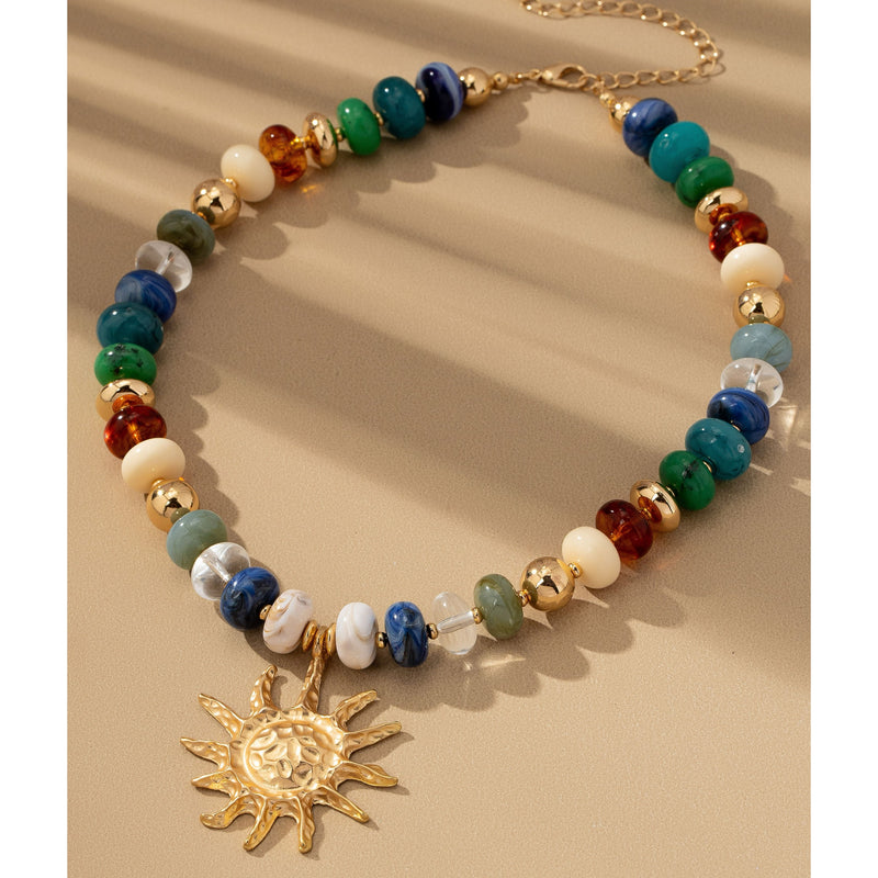 Chunky Beaded Sun Charm Necklace