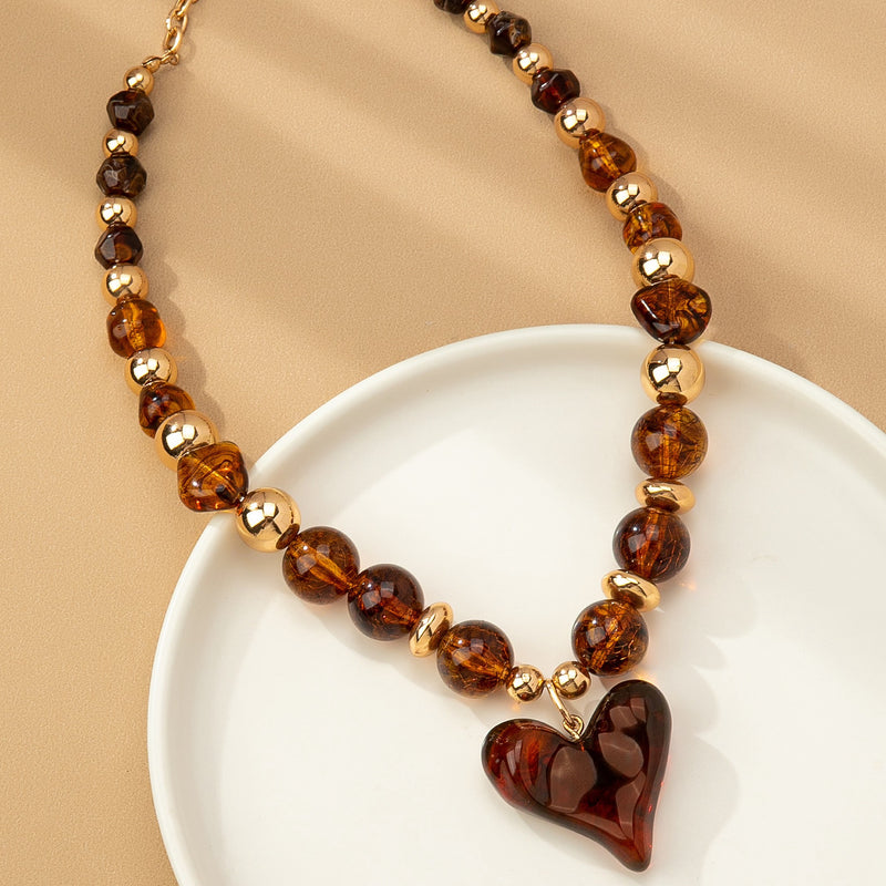 Chunky Beaded Heart Charm Necklace