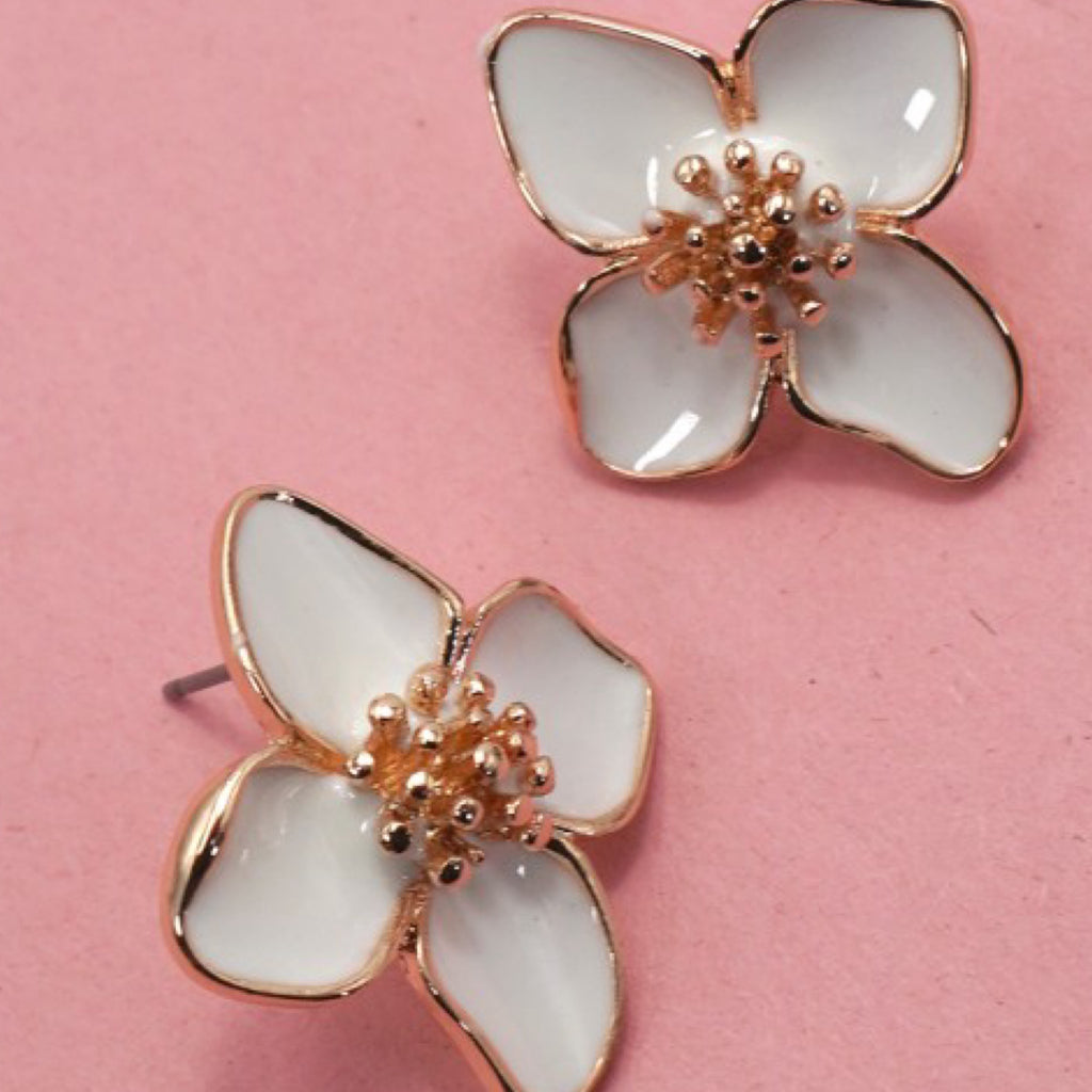 Epoxy White On Gold Flower Stud Earrings