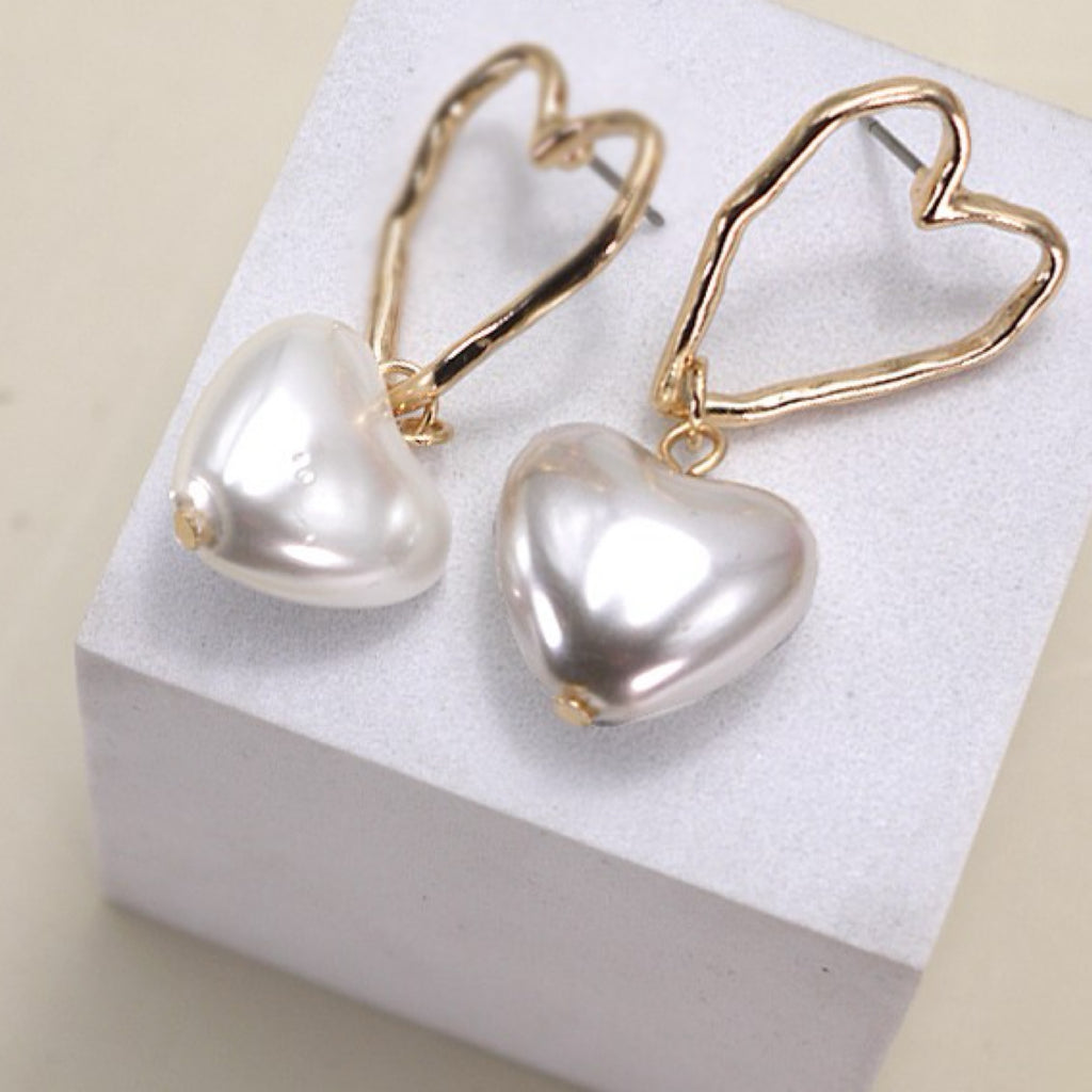 Hammer Heart Pearl Heart Drop Earrings