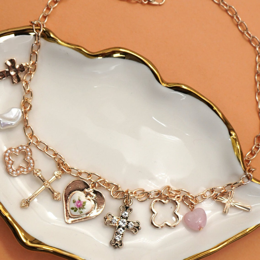Charm Necklaces Clover, Cross, Porcelain Flower