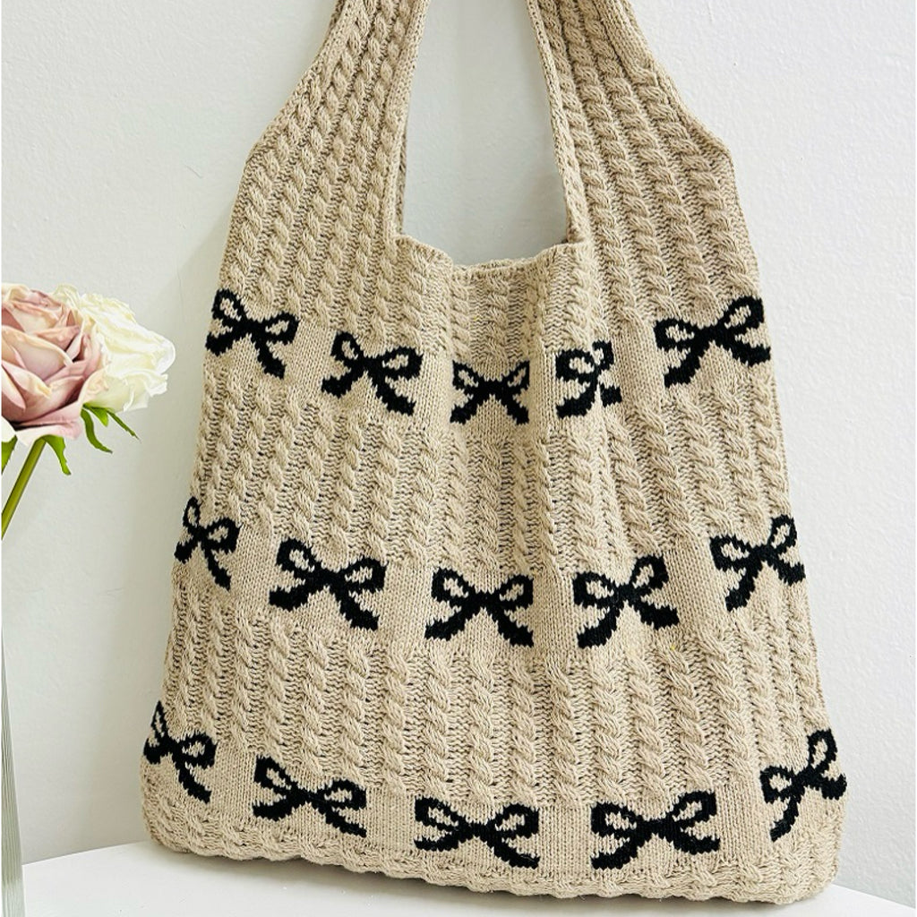 Bow Pattern Knitted Crochet Tote
