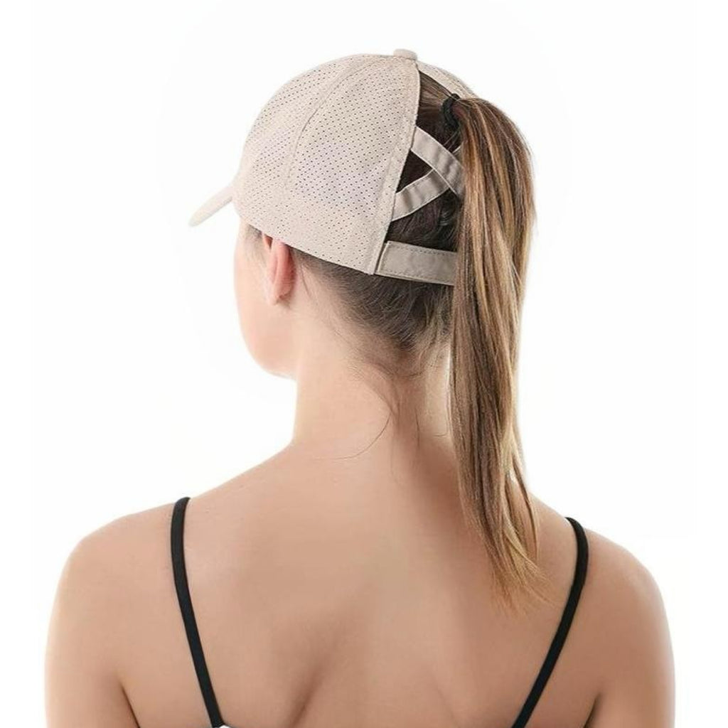 Crisscross Ponytail Dry Fit Cap Beige