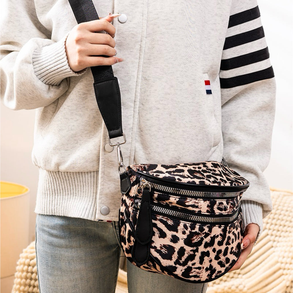 Double Zip Crescent Sling Bum Bag Leopard