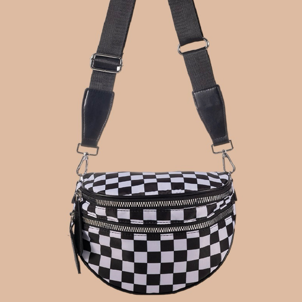 Double Zip Crescent Sling Bum Bag Black Checkered