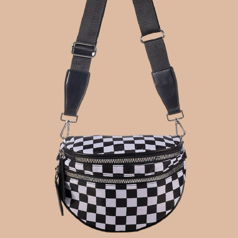 Double Zip Crescent Sling Bum Bag Black Checkered