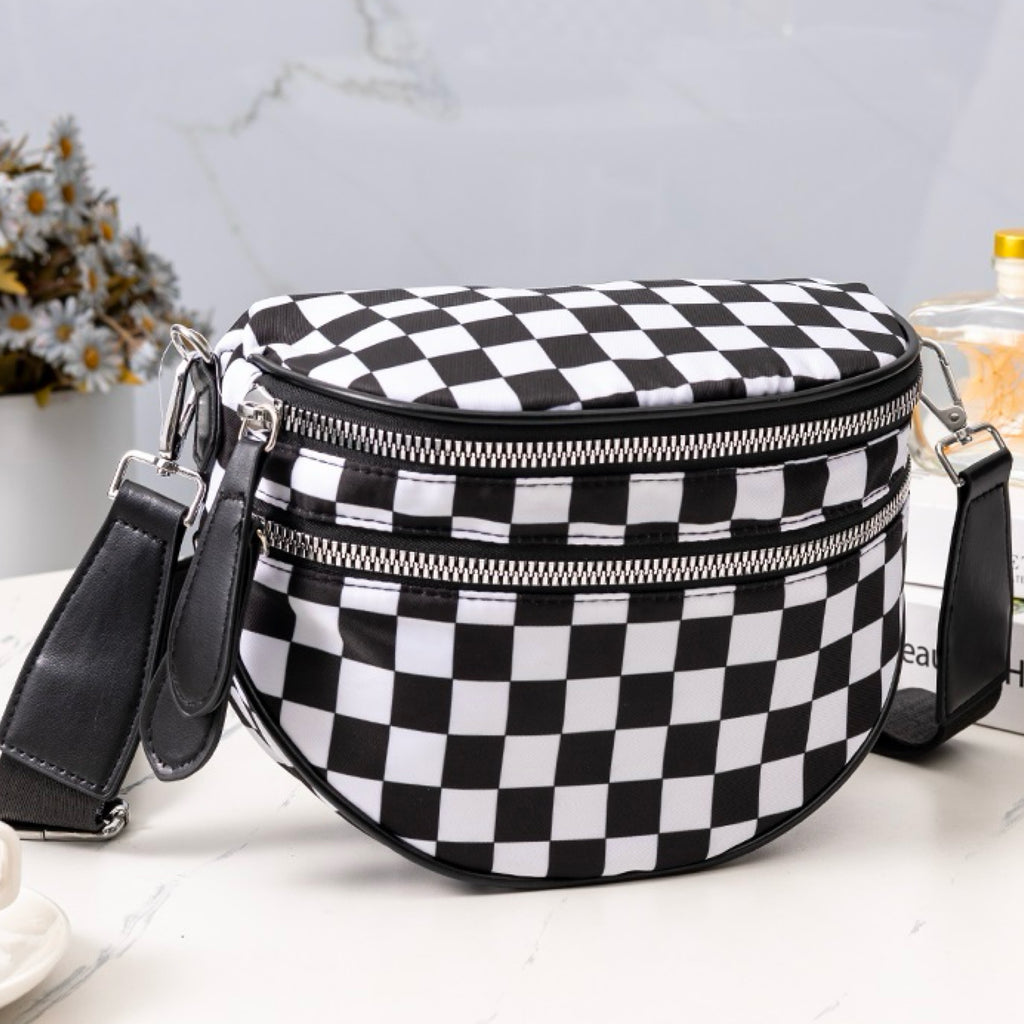 Double Zip Crescent Sling Bum Bag Black Checkered