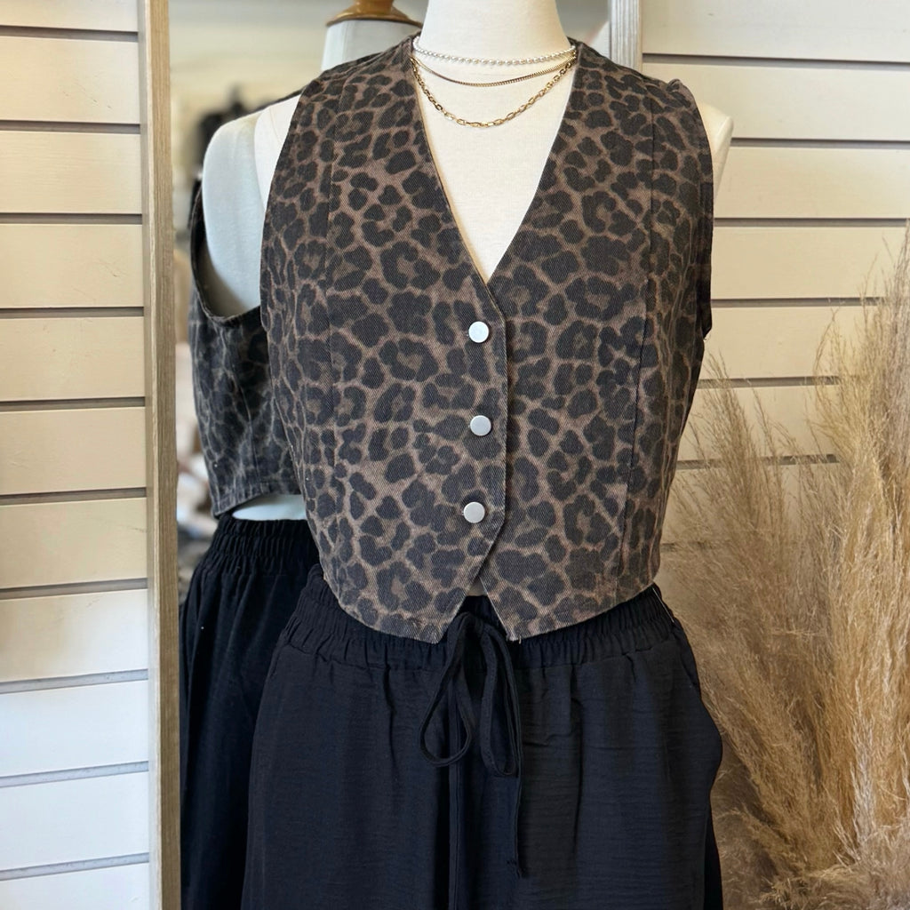 Stay You Leopard Print Denim Vest