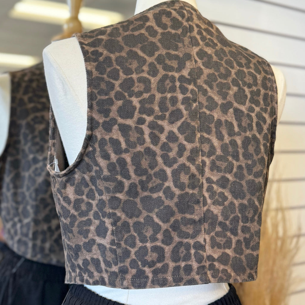 Stay You Leopard Print Denim Vest