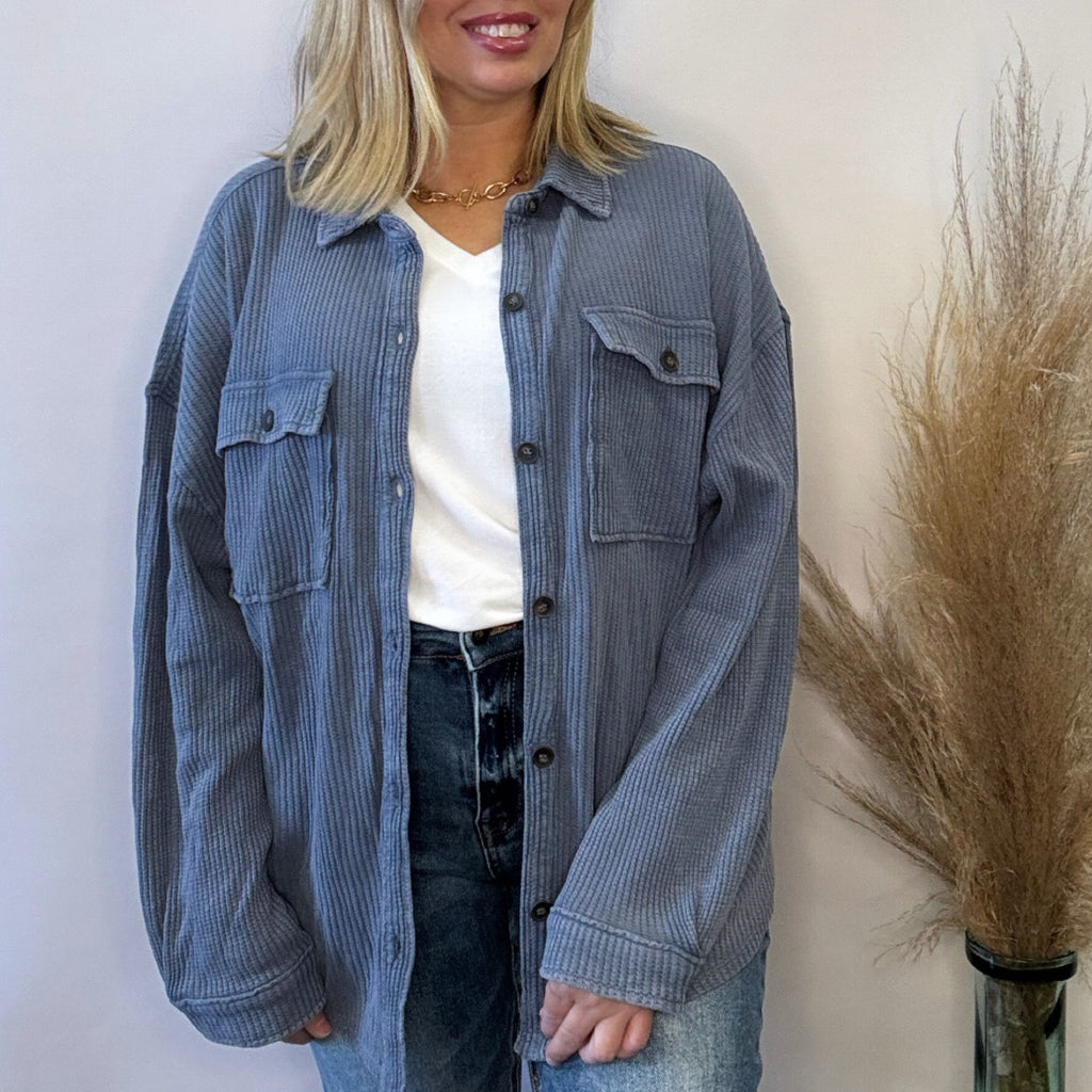 Roxlyn Oversized Acid Washed Waffle Knit Shacket Dusty Blue