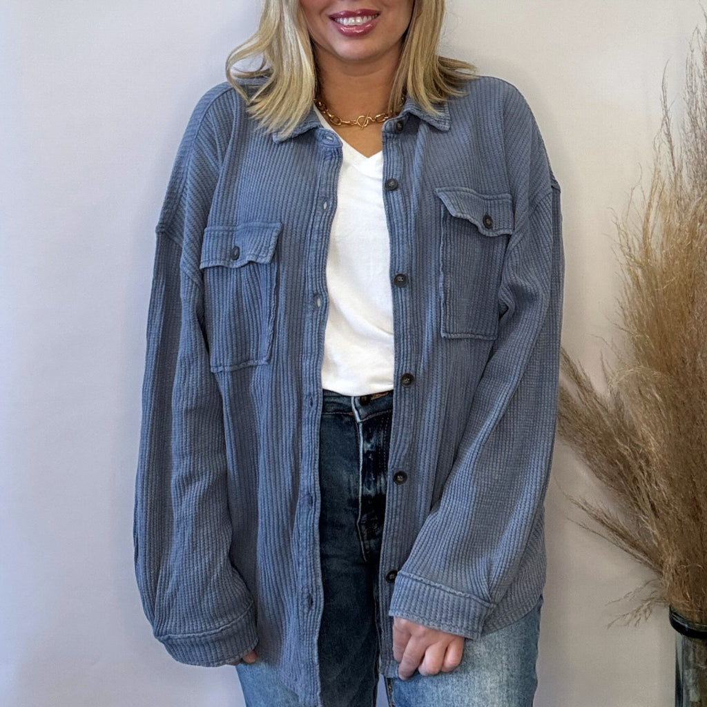 Roxlyn Oversized Acid Washed Waffle Knit Shacket Dusty Blue