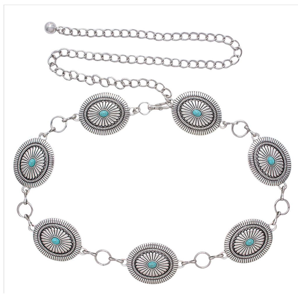 Western Metal Engraved Turquoise Chain Belt