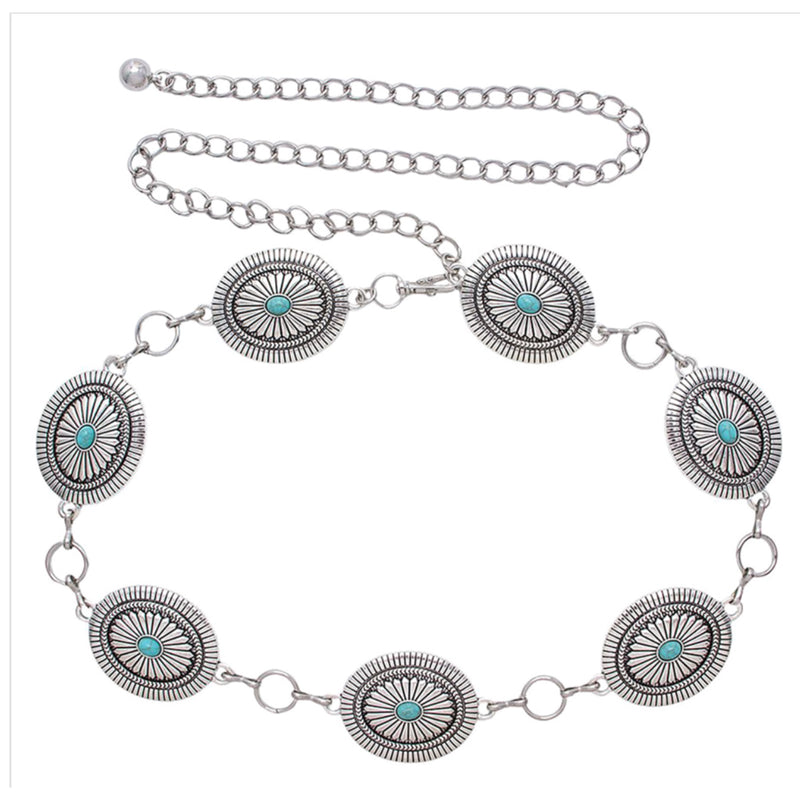 Western Metal Engraved Turquoise Chain Belt