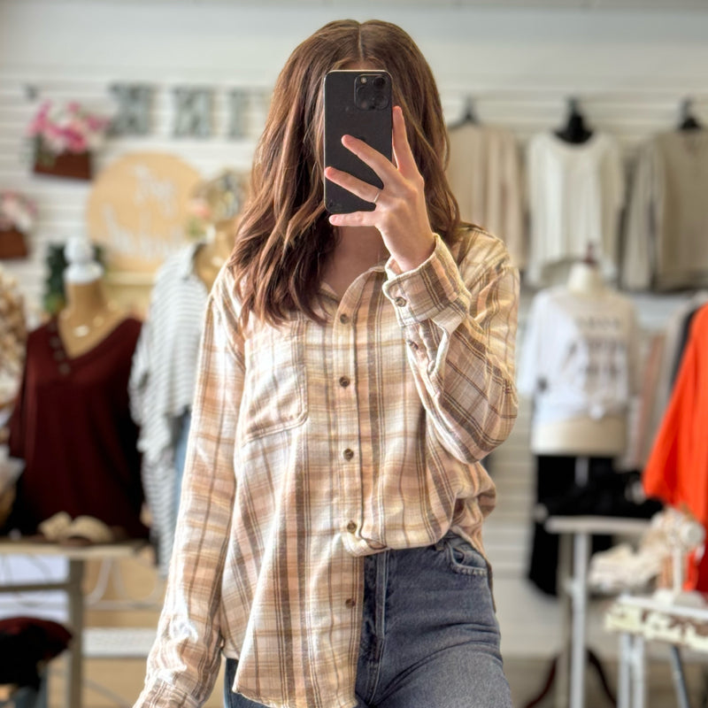 Made Me Realize Plaid Button-Down Flannel Beige