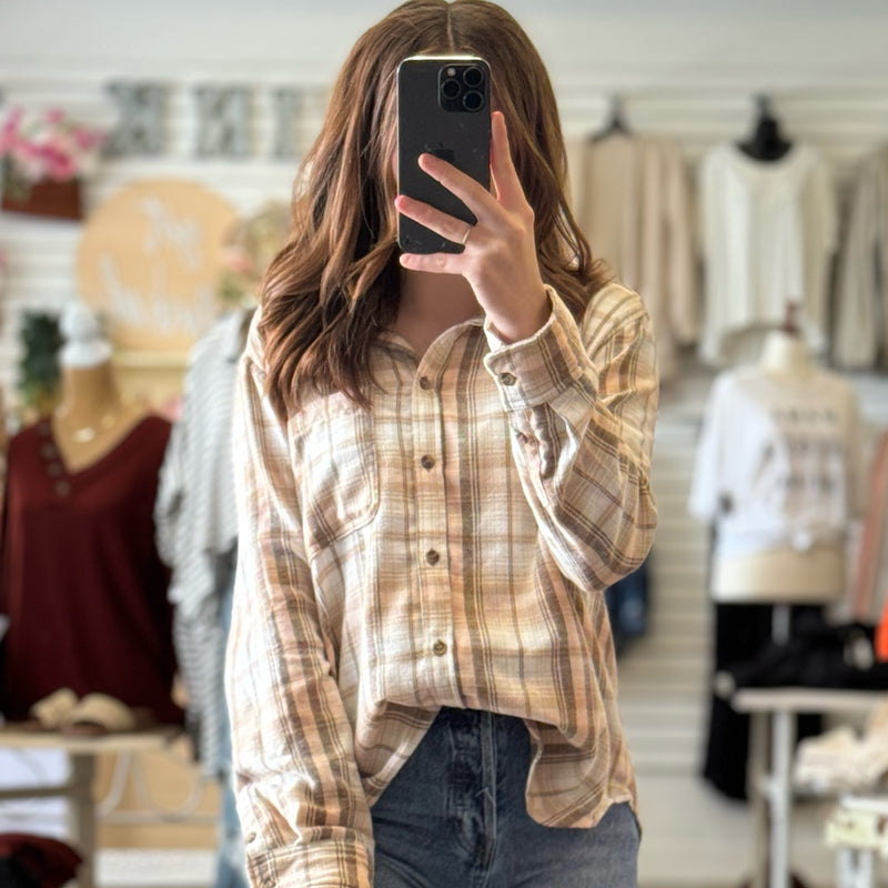 Made Me Realize Plaid Button-Down Flannel Beige