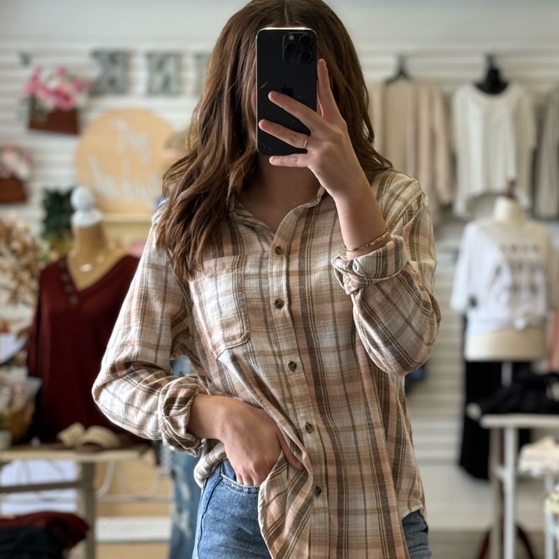 Made Me Realize Plaid Button-Down Flannel Beige