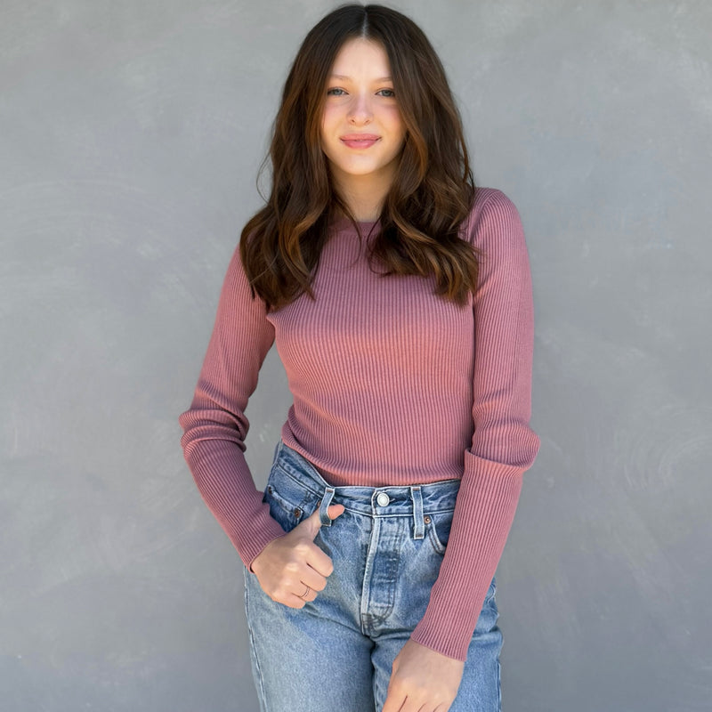 Second Thought Ribbed Knit Pullover Mauve
