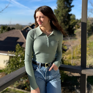 Make It Happen Ribbed Collared Button Front Top