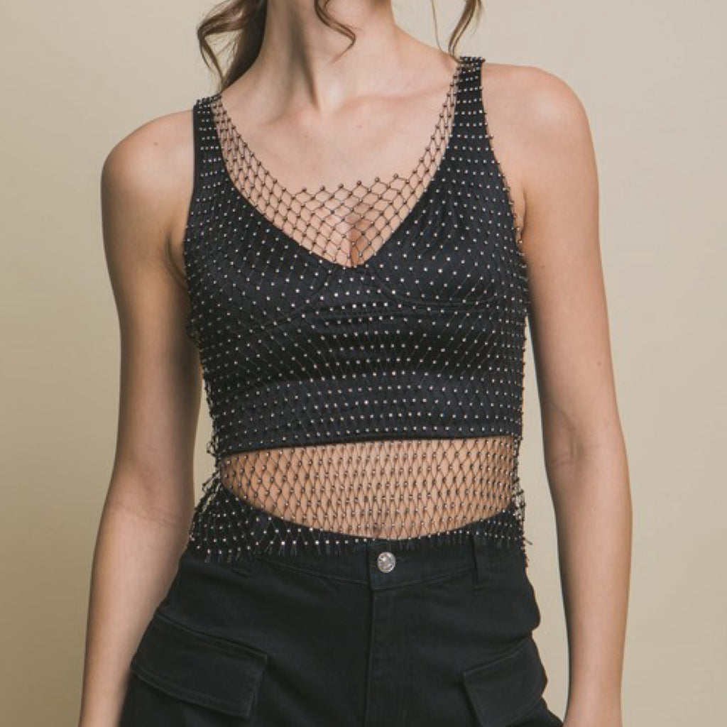 Concert Bond Rhinestone Mesh Top Black